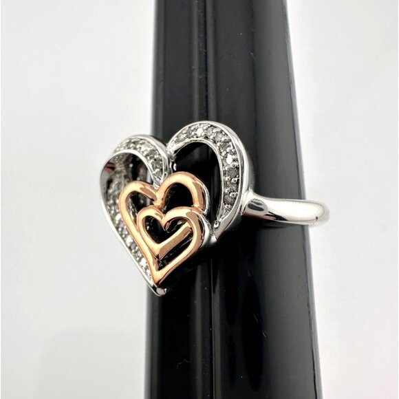 Natural Diamond Triple Heart Ring - Two Tone - Size 7.25 - Picture 10 of 16
